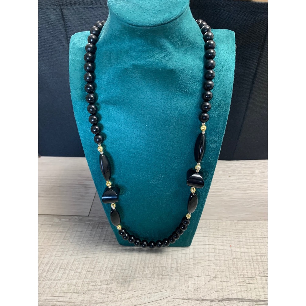 Vintage Black Bead Necklace Gold Tone Accents‎ Geometric Shapes 30 Inch Long